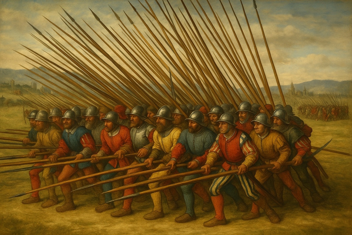 Tightly packed Swiss pike square advancing in formation, 15th century military painting.
